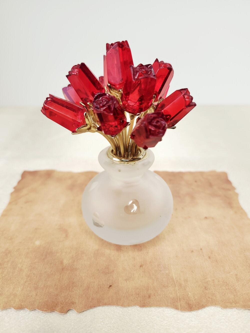 Vintage Frosted Art Crystal Glass Red Rose Bouquet Paperweight Sculpture 4 Inch